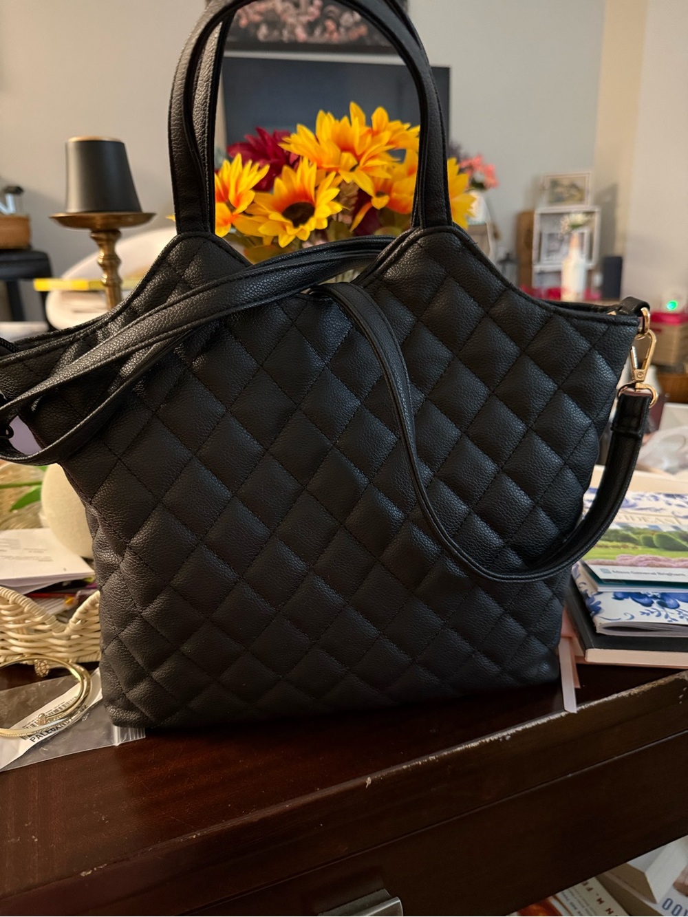 Quilted Black Leather Tote with Detachable Strap - Picture 2 of 7